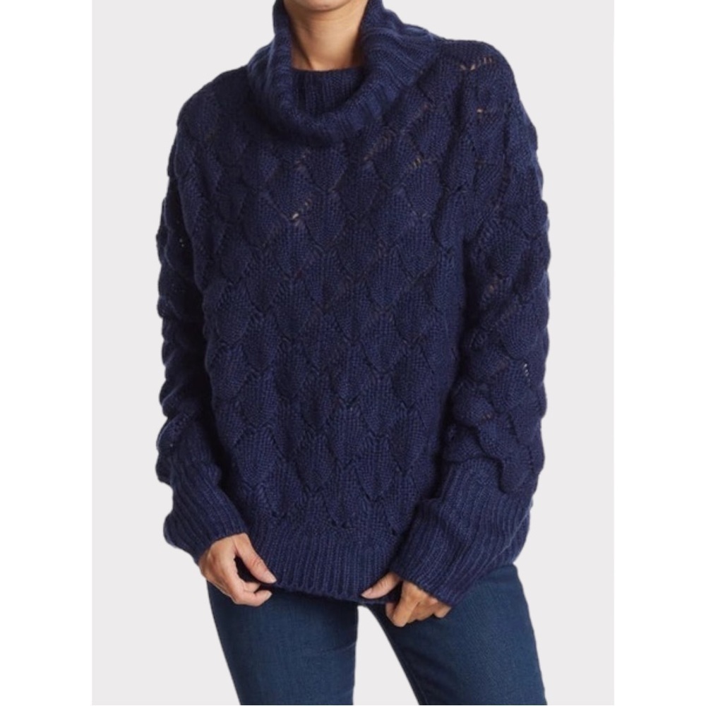 NEW FRNCH Bubble Stitch Open Knit Oversized Turtleneck Sweater Navy Blue